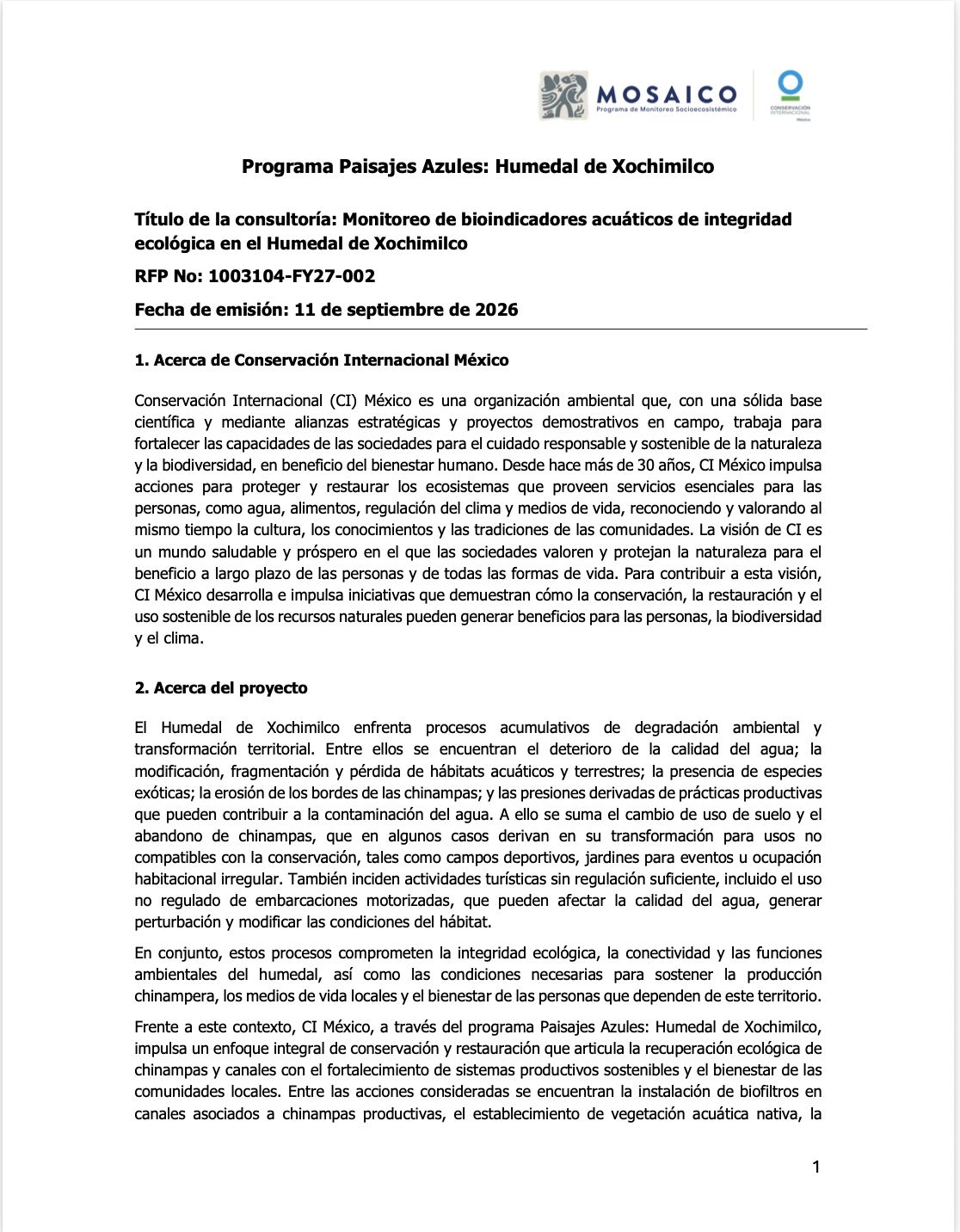 Convocatoria – Monitoreo de bioindicadores acuáticos de integridad ecológica en el Humedal de Xochimilco (Conservación Internacional México)